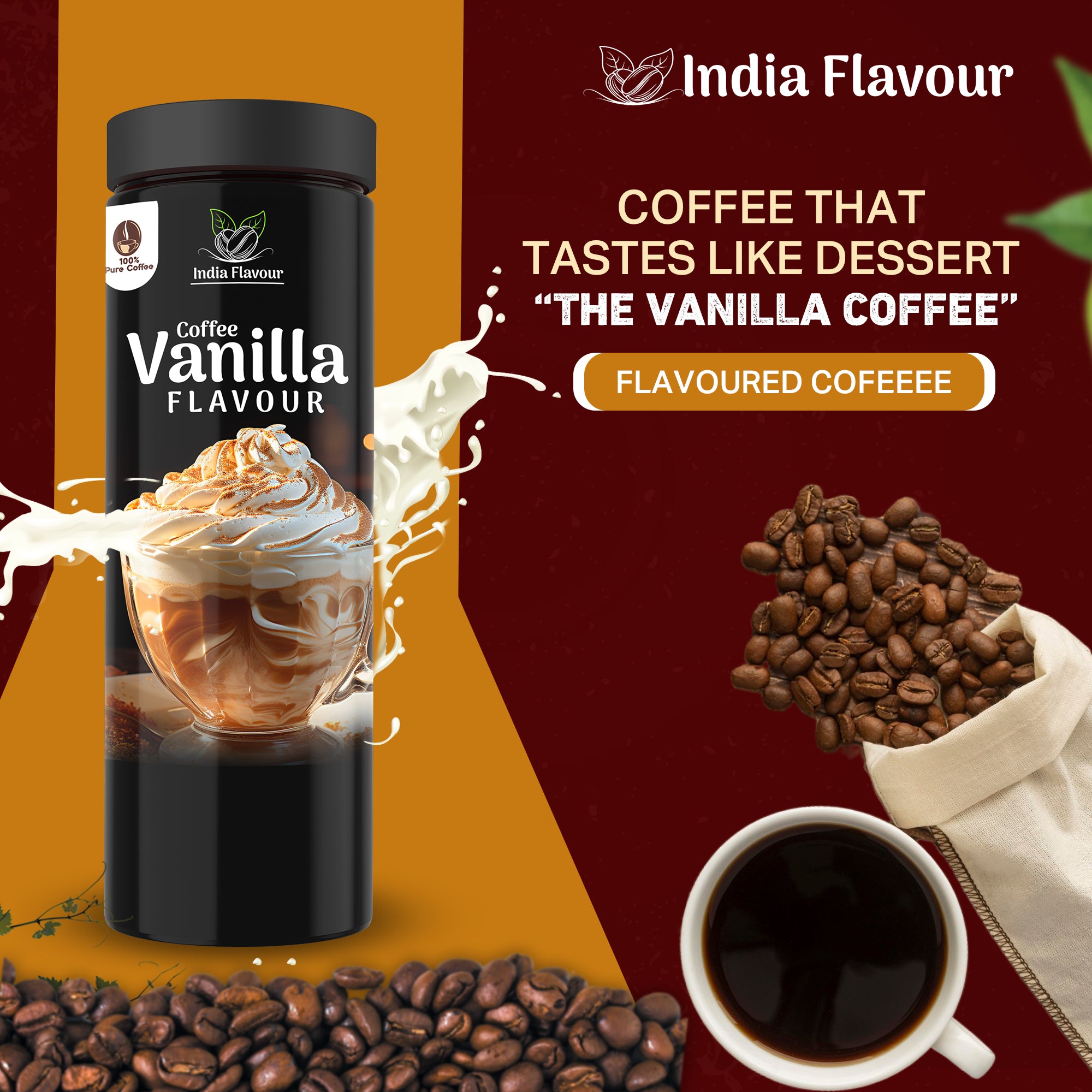 India Flavour Aromatic Flavoured Instant Hot And Cold Pure Coffee and Vanilla Coffee Combo Pack for Relieving Stress (100 Gram Each Set of 2).