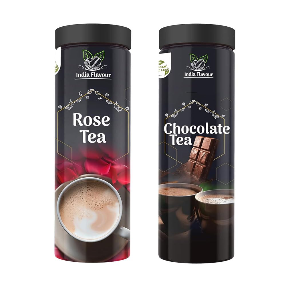 India Flavour Aromatic Blends Chocolate Tea and Rose Tea Combo Pack for Relieving Stress Flavoured Chai(100 Gram Each Set of 2).