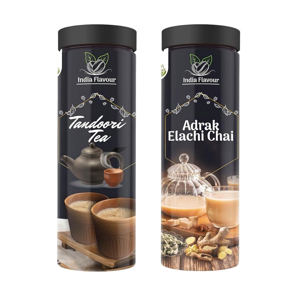 India Flavour Aromatic Blends Adarak Elaichi Tea and Tandoori Tea Combo Pack of Tea for Relieving Stress Flavoured Chai (100 Gram Each Set of 2).