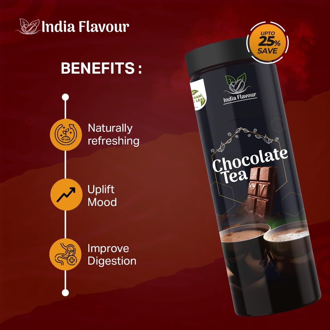 India Flavour Chocolate Tea | Cafe-Style at Home | Makes 40 Cups | Rich, Aromatic, Healthy | Extra Strong Leaves | Chocolate Flavoured.