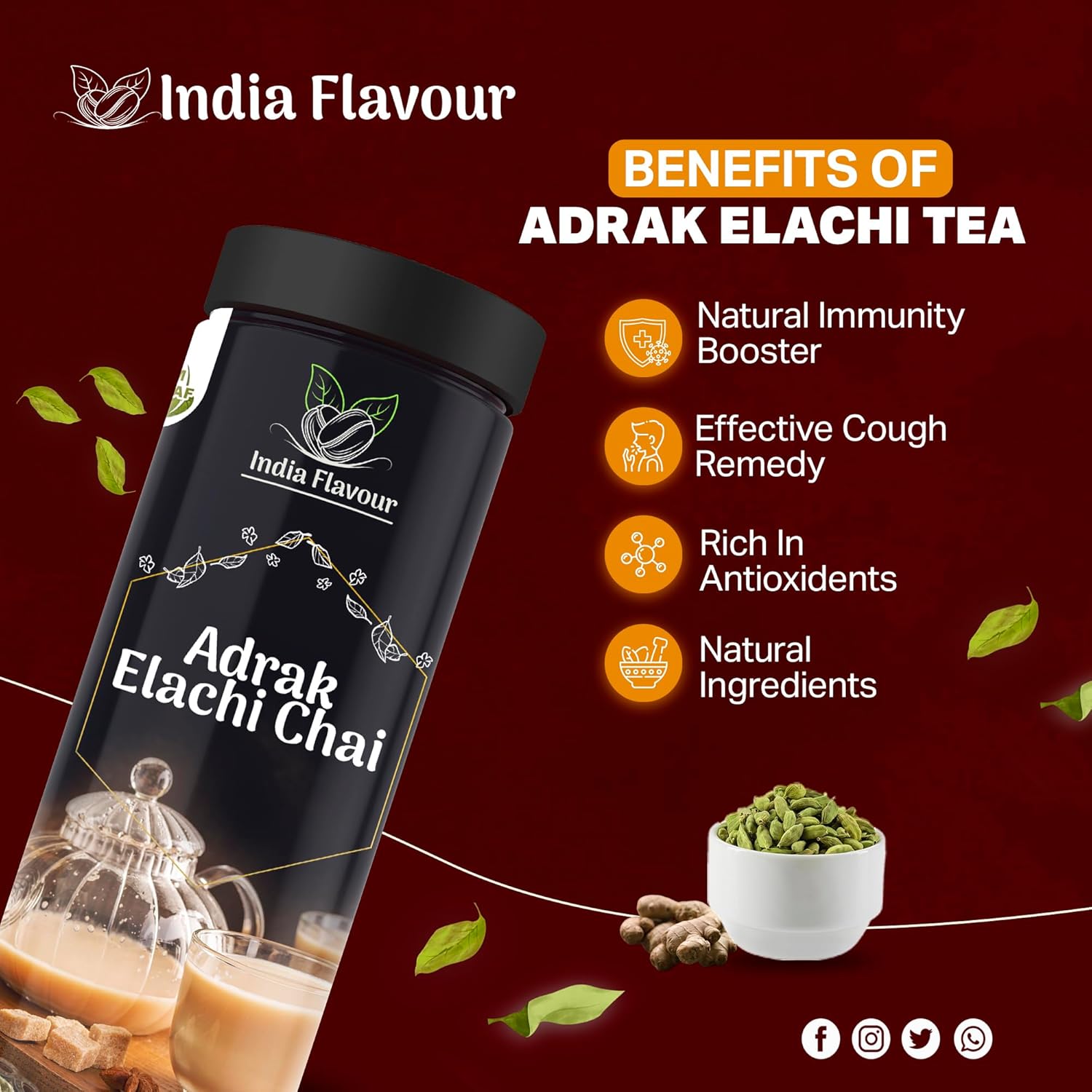 India Flavour Adarak Elaichi Tea | Organic Tea | Make 40 cups in 100gm | Rich & Aromatic Blends | Natural, Healthy Extra Strong CTC Tea.