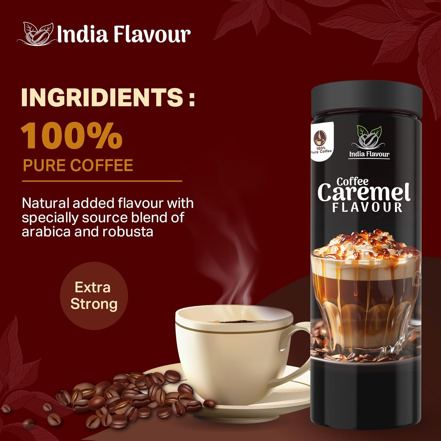 India Flavour Caramel Coffee | Strong Instant | 100g Pack Makes 50 Cups | Hot & Cold Brew | Perfect for Espresso & Milk Coffee (100g Pack).