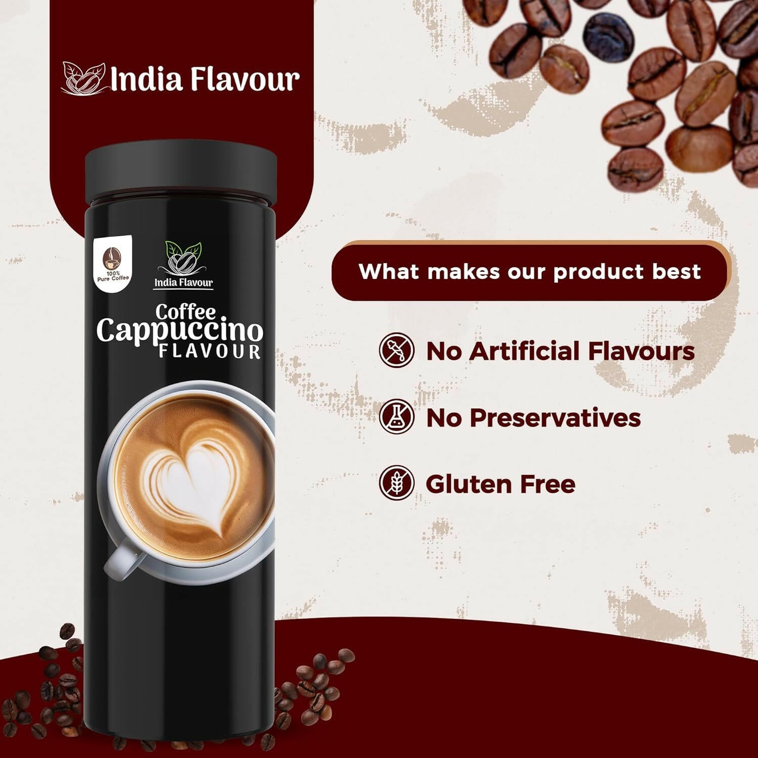 India Flavour Cappuccino Coffee | Strong Instant Coffee | No Chicory | Hot & Cold Brew | 100g Pack of 1 | Flavoured Coffee (Cappuccino, Pack of 1).