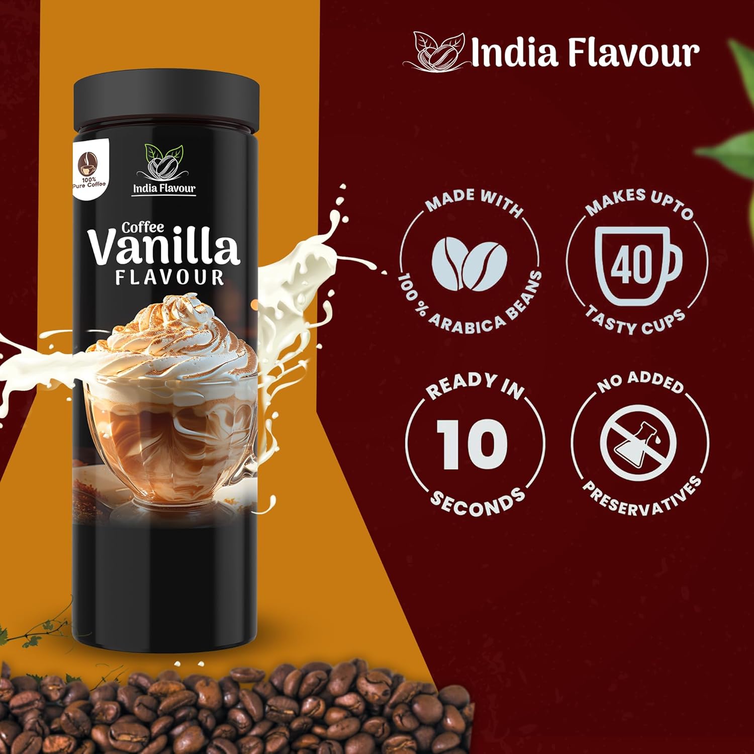 India Flavour Vanilla Coffee | Strong Instant Coffee | 50 Cups per 100g | Ideal for Espresso & Milk Coffee | Hot & Cold Brew | Pack of 1.