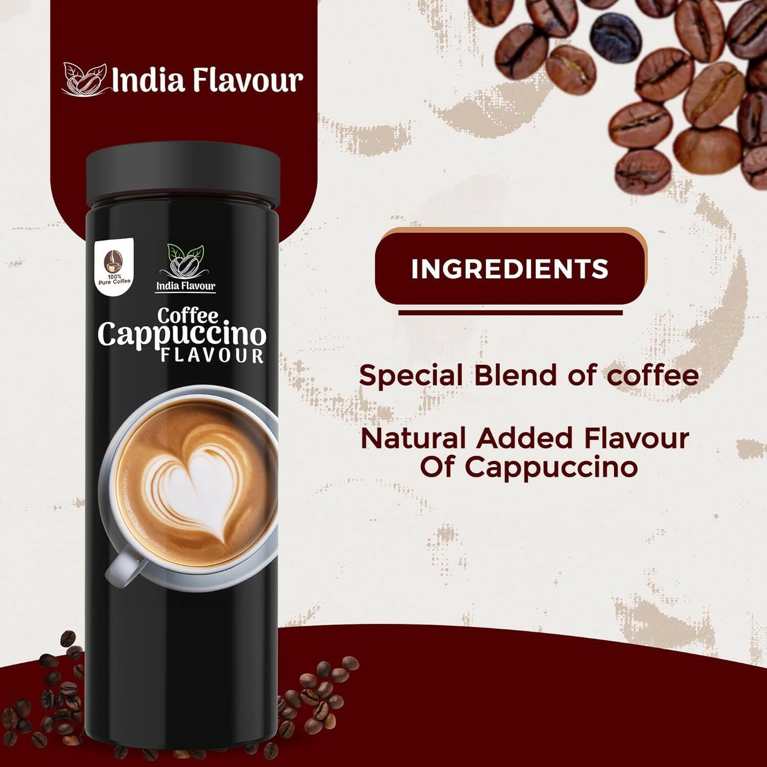 India Flavour Cappuccino Coffee | Strong Instant Coffee | No Chicory | Hot & Cold Brew | 100g Pack of 1 | Flavoured Coffee (Cappuccino, Pack of 1).