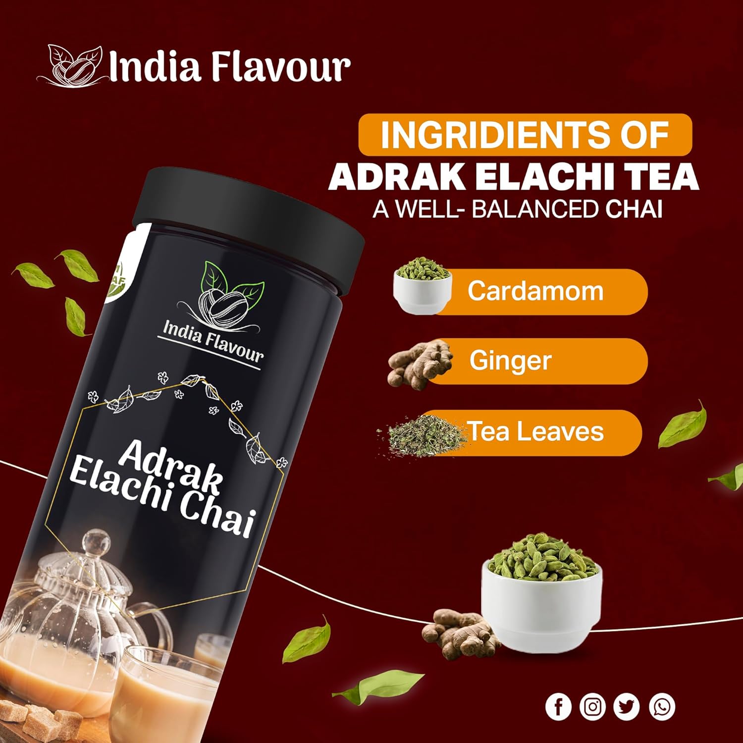 India Flavour Adarak Elaichi Tea | Organic Tea | Make 40 cups in 100gm | Rich & Aromatic Blends | Natural, Healthy Extra Strong CTC Tea.