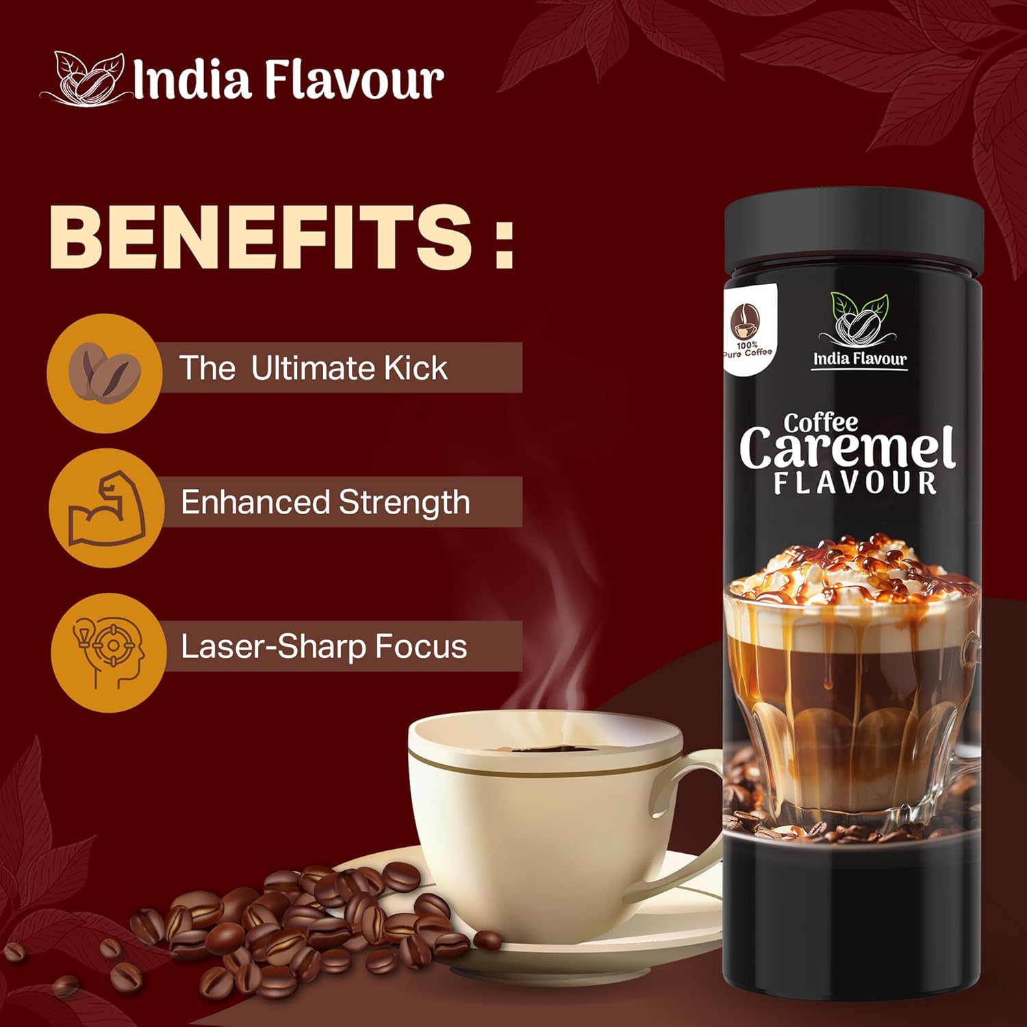 India Flavour Caramel Coffee | Strong Instant | 100g Pack Makes 50 Cups | Hot & Cold Brew | Perfect for Espresso & Milk Coffee (100g Pack).