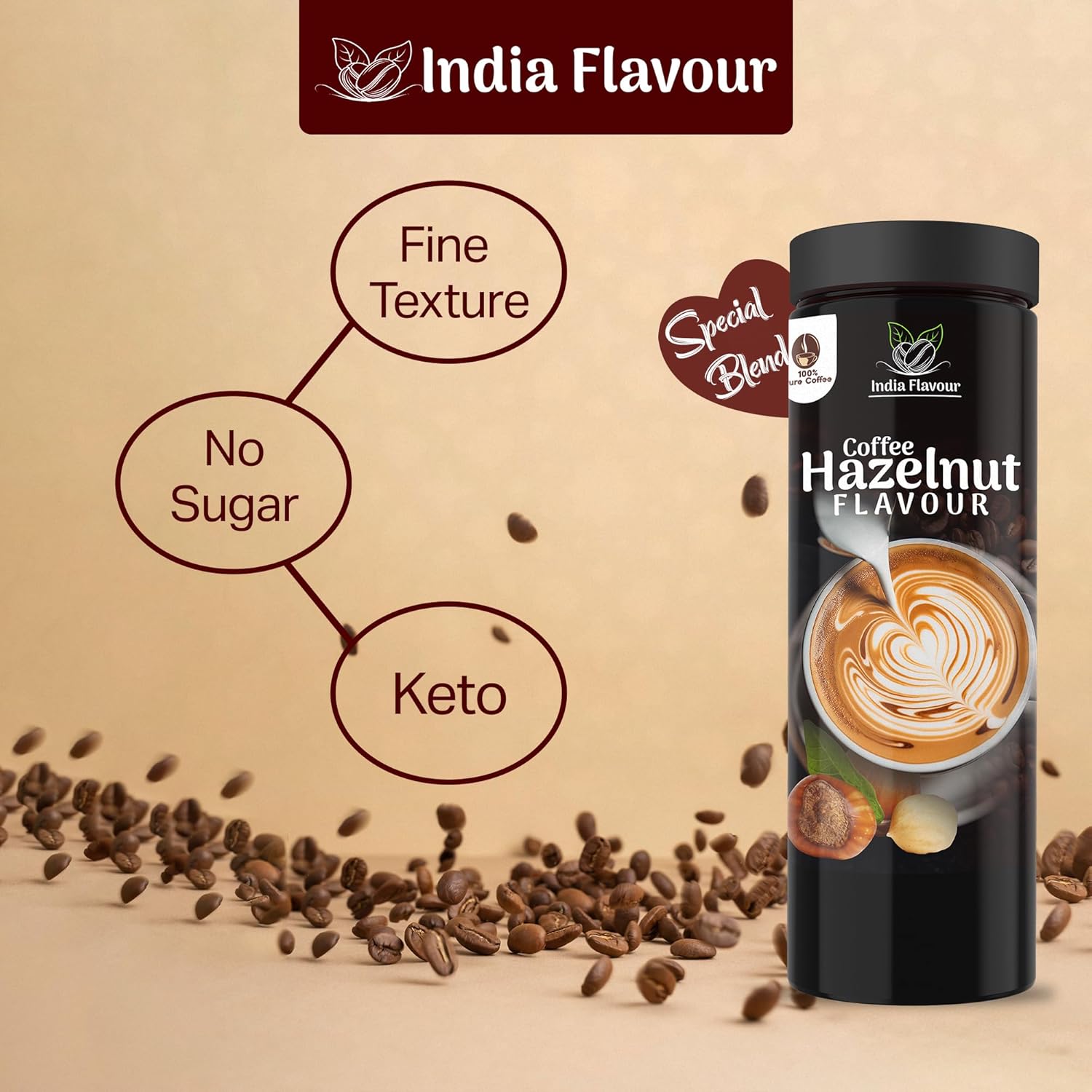 India Flavour Hazelnut Coffee | Strong Instant | 100g Pack Makes 50 Cups | Hot & Cold Brew | Ideal for Espresso & Milk Coffee (100g Pack).