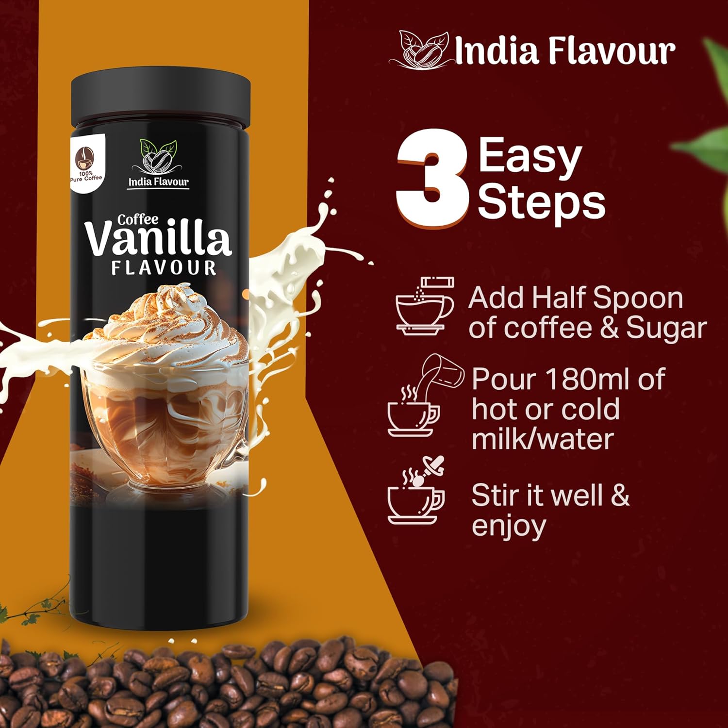 India Flavour Vanilla Coffee | Strong Instant Coffee | 50 Cups per 100g | Ideal for Espresso & Milk Coffee | Hot & Cold Brew | Pack of 1.