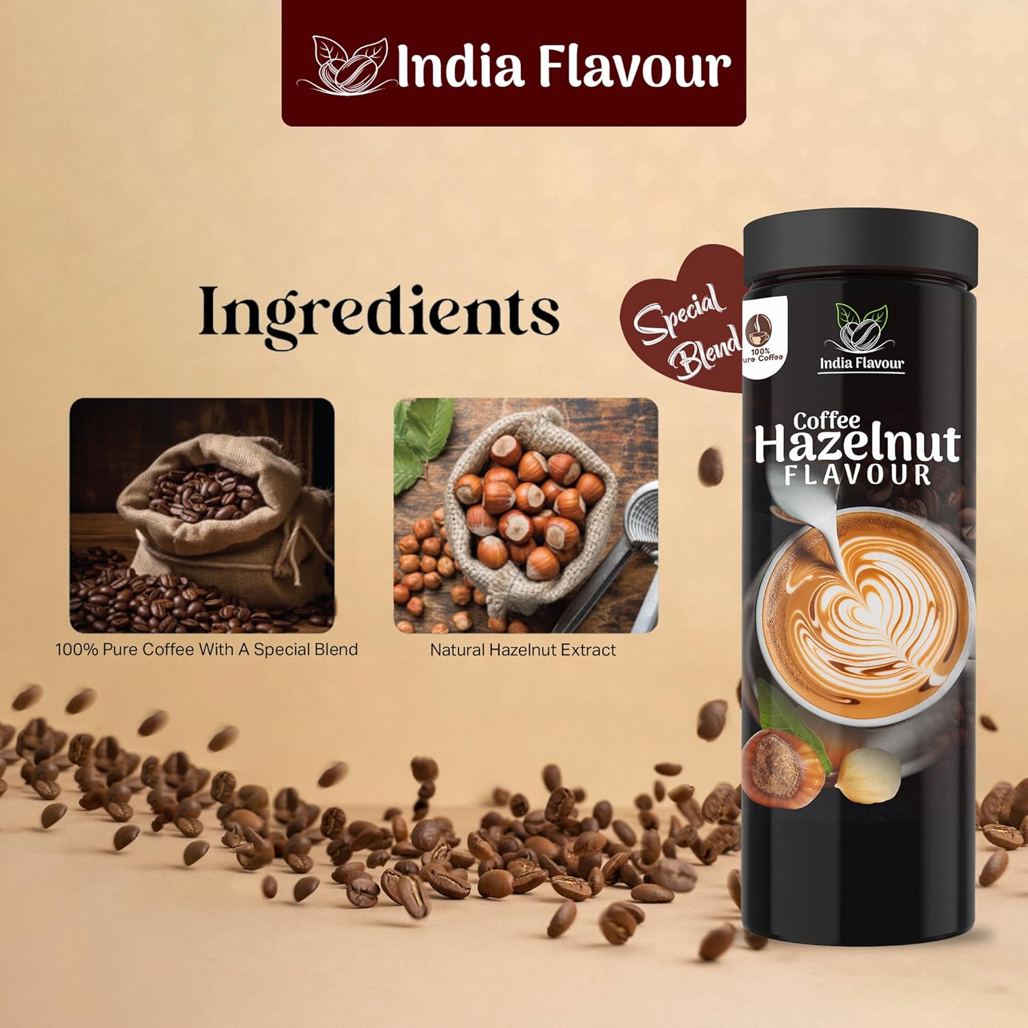 India Flavour Hazelnut Coffee | Strong Instant | 100g Pack Makes 50 Cups | Hot & Cold Brew | Ideal for Espresso & Milk Coffee (100g Pack).