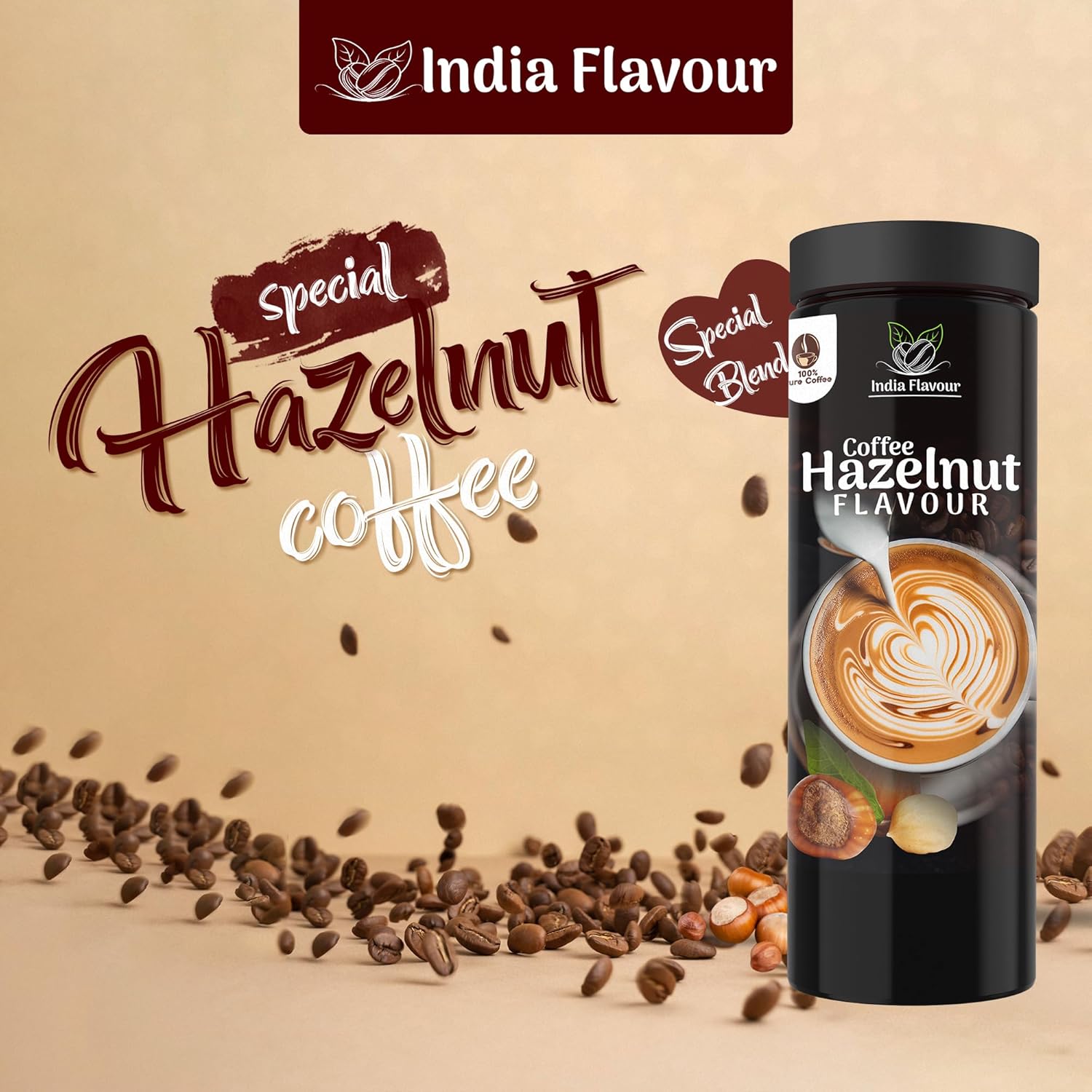 India Flavour Hazelnut Coffee | Strong Instant | 100g Pack Makes 50 Cups | Hot & Cold Brew | Ideal for Espresso & Milk Coffee (100g Pack).